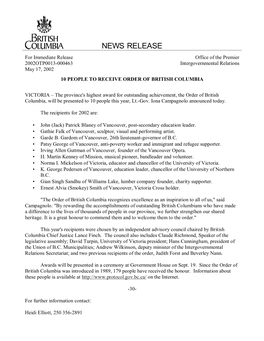 NEWS RELEASE for Immediate Release Office of the Premier 2002OTP0013-000463 Intergovernmental Relations May 17, 2002 10 PEOPLE to RECEIVE ORDER of BRITISH COLUMBIA
