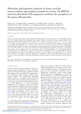 Based on Nuclear 18S RDNA and Mitochondrial COI Sequences Conﬁrms the Paraphyly of the Genus Hammondia