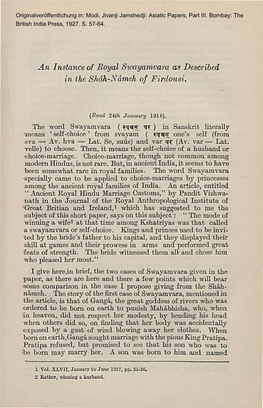 An Instance of Royal Swayamvara Ab Described in the Shtlh-Nameh of F Irdousi