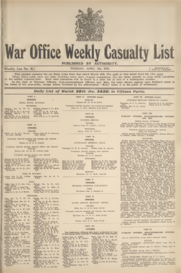War Office Weekly Casualty List PUBLISHED by AUTHORITY
