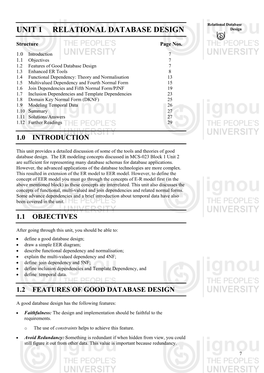 Unit 1 Relational Database Design