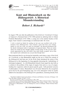 Kant and Blumenbach on the Bildungstrieb: a Historical Misunderstanding Robert J. Richards*