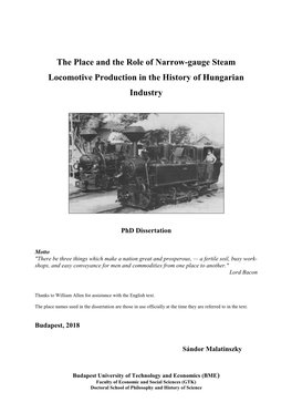 The Place and the Role of Narrow-Gauge Steam Locomotive Production in the History of Hungarian Industry