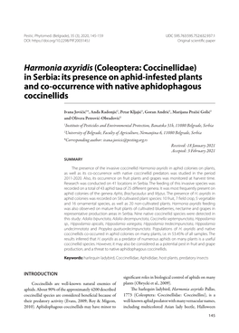 Harmonia Axyridis (Coleoptera: Coccinellidae) in Serbia: Its Presence on Aphid-Infested Plants and Co-Occurrence with Native Aphidophagous Coccinellids