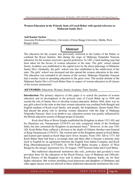 Abstract the Education for the Women Was Previously Restricted to the Ladies of the Palace Or Confined the Royal Families