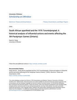 South African Apartheid and the 1976 Torontolympiad: a Historical Analysis of Influential Actions and Ve Ents Affecting the 5Th Paralympic Games (Ontario)