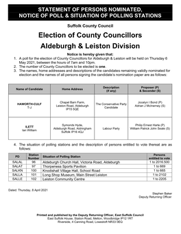 Election of County Councillors Aldeburgh & Leiston Division