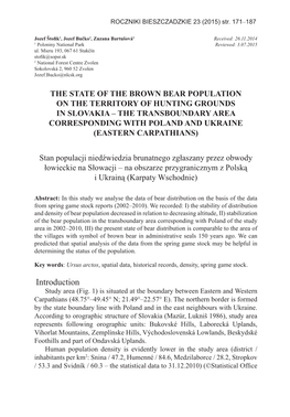 Stan Populacji Niedźwiedzia Brunatnego Zgłaszany Przez Obwody Łowieckie Na Słowacji – Na Obszarze Przygranicznym Z Polską I Ukrainą (Karpaty Wschodnie)