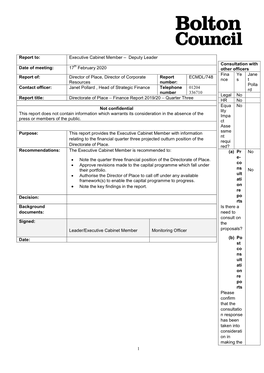 No Report Title: Directorate of Place – Finance Report 2019/20 – Quarter Three HR No