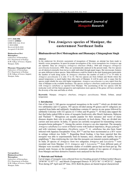 Two Armigeres Species of Manipur, the Easternmost Northeast India