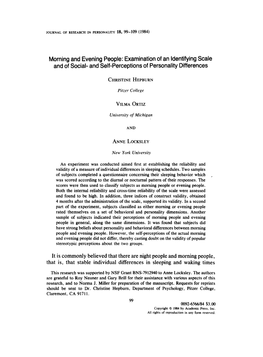 Morning and Evening People: Examination of an Identifying Scale and of Social- and Self-Perceptions of Personality Differences