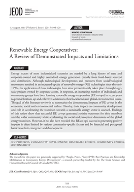 Renewable Energy Cooperatives: a Review of Demonstrated Impacts and Limitations