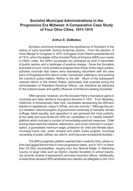 Socialist Municipal Administrations in the Progressive Era Midwest: a Comparative Case Study of Four Ohio Cities, 1911-1915