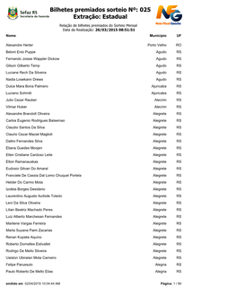 Bilhetes Premiados Sorteio Nº: 025 Extração: Estadual