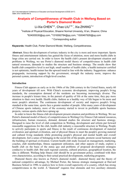 Analysis of Competitiveness of Health Club in Weifang Based on Porter's