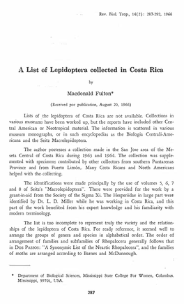 A List Oi Lepidoptel'a Cohected in Costa Rica