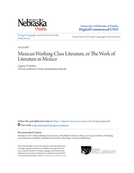 Mexican Working-Class Literature, Or the Work of Literature in Mexico Eugenio Di Stefano