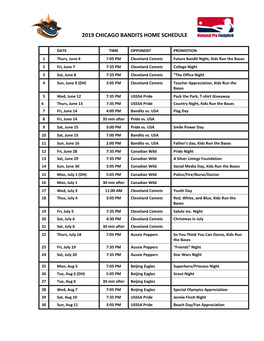 2019 Chicago Bandits Home Schedule