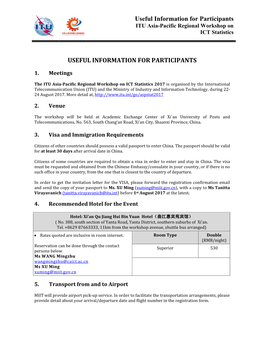 Useful Information for Participants ITU Asia-Pacific Regional Workshop on ICT Statistics