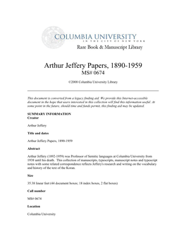 Arthur Jeffery Papers, 1890-1959 MS# 0674