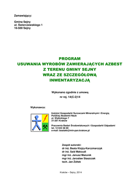 Program Usuwania Wyrobów Zawierających Azbest Z Terenu Gminy Sejny Wraz Ze Szczegółową Inwentaryzacją