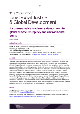 An Unsustainable Modernity: Democracy, the Global Climate Emergency and Environmental Ethics