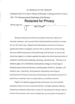 Reconstructing the Paleobiology of the Dinosaurs Redacted for Privacy