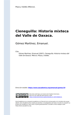 Cieneguilla: Historia Mixteca Del Valle De Oaxaca