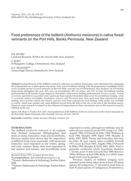 Food Preferences of the Bellbird (Anthornis Melanura) in Native Forest Remnants on the Port Hills, Banks Peninsula, New Zealand