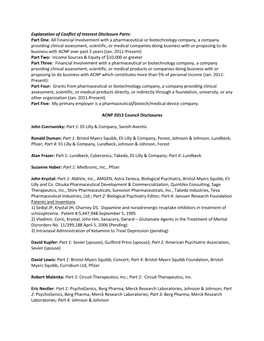 Explanation of Conflict of Interest Disclosure Parts: Part One: All Financial Involvement with a Pharmaceutical Or Biotechnology