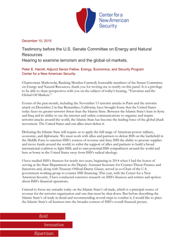 Testimony Before the U.S. Senate Committee on Energy and Natural Resources Hearing to Examine Terrorism and the Global Oil Markets