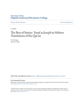 The Best of Stories: Yusuf As Joseph in Hebrew Translations of the Qur'an Eve Woogen Macalester College