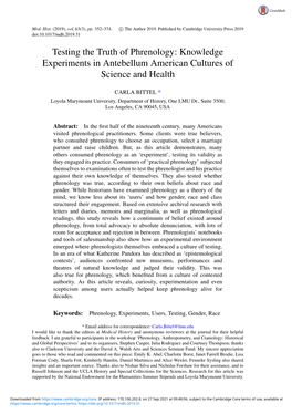 Testing the Truth of Phrenology: Knowledge Experiments in Antebellum American Cultures of Science and Health