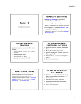 Section 1.2 QUADRATIC EQUATIONS REPEATED SOLUTIONS