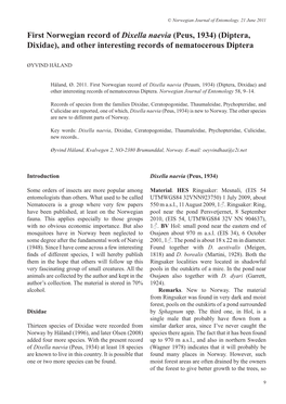 First Norwegian Record of Dixella Naevia (Peus, 1934) (Diptera, Dixidae), and Other Interesting Records of Nematocerous Diptera