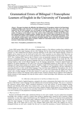 Grammatical Errors of Bilingual 1 Francophone Learners of English in the University of Yaounde I