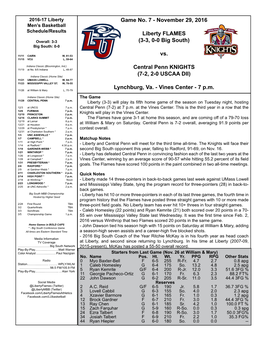 Game No. 7 - November 29, 2016 Men’S Basketball Schedule/Results Liberty FLAMES Overall: 3-3 (3-3, 0-0 Big South) Big South: 0-0