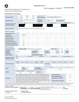 FTA WMATA Metrorail Safety Oversight Inspection Reports