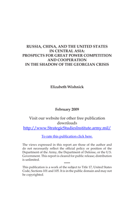 Russia, China, and the United States in Central Asia: Prospects for Great Power Competition and Cooperation in the Shadow of the Georgian Crisis