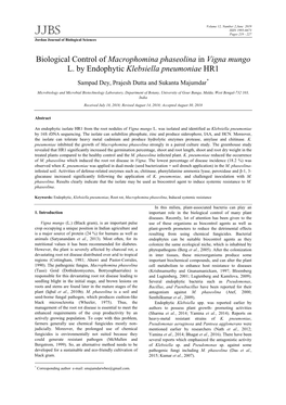 Biological Control of Macrophomina Phaseolina in Vigna Mungo L. by Endophytic Klebsiella Pneumoniae HR1