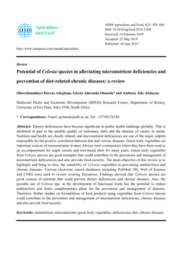 Potential of Celosia Species in Alleviating Micronutrient Deficiencies and Prevention of Diet-Related Chronic Diseases: a Review