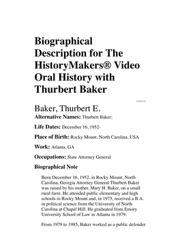 Biographical Description for the Historymakers® Video Oral History with Thurbert Baker