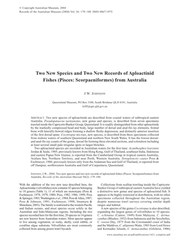 Two New Species and Two New Records of Aploactinid Fishes (Pisces: Scorpaeniformes) from Australia