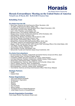 Horasis Extraordinary Meeting on the United States of America Virtual Event, 18 March, 2021 06.30-23.00 US Eastern Time