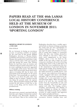 PAPERS READ at the 46Th LAMAS LOCAL HISTORY CONFERENCE HELD at the MUSEUM of LONDON in NOVEMBER 2011: ‘SPORTING LONDON’