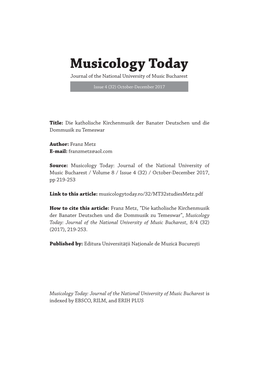 Musicology Today Journal of the National University of Music Bucharest