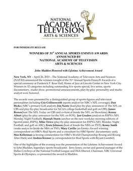 Winners of 31 Annual Sports Emmy® Awards Announced