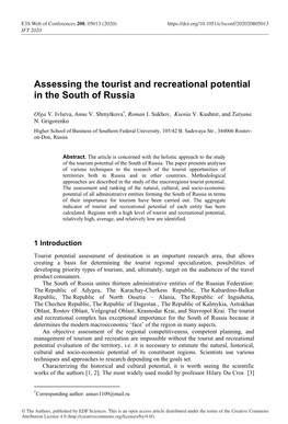 Assessing the Tourist and Recreational Potential in the South of Russia