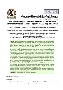 The Potentiality of Cabomba Aquatica DC Not Aubletii Ethanol Extract As Larvicide Against Aedes Aegypti Larvae