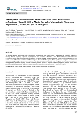 First Report on the Occurrence of Invasive Black-Chin Tilapia Sarotherodon Melanotheron